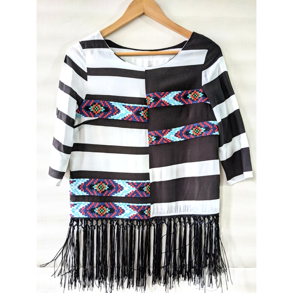 Boho Striped Fringe Hem Top Southwestern Embroidered Accent Festival Blouse